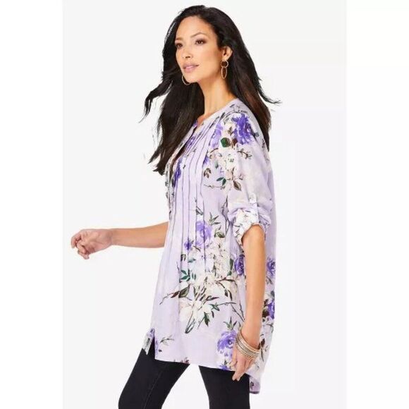 Roaman's Women's Plus Size Floral Big Shirt Lavender Romantic Rose Size 30W - Picture 2 of 8